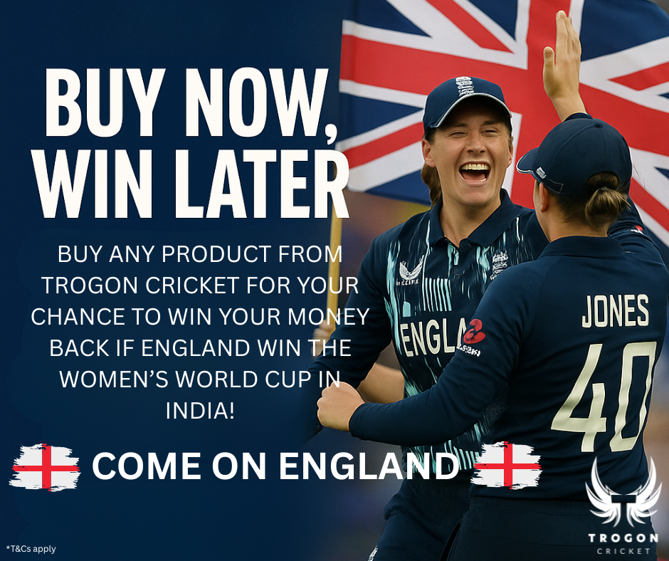 Two cricketers celebrating with a British flag in the background, promotional text for TROGON Cricket offer.