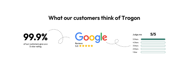 Google logo with a 5-star rating and text about Trogon's customer satisfaction.