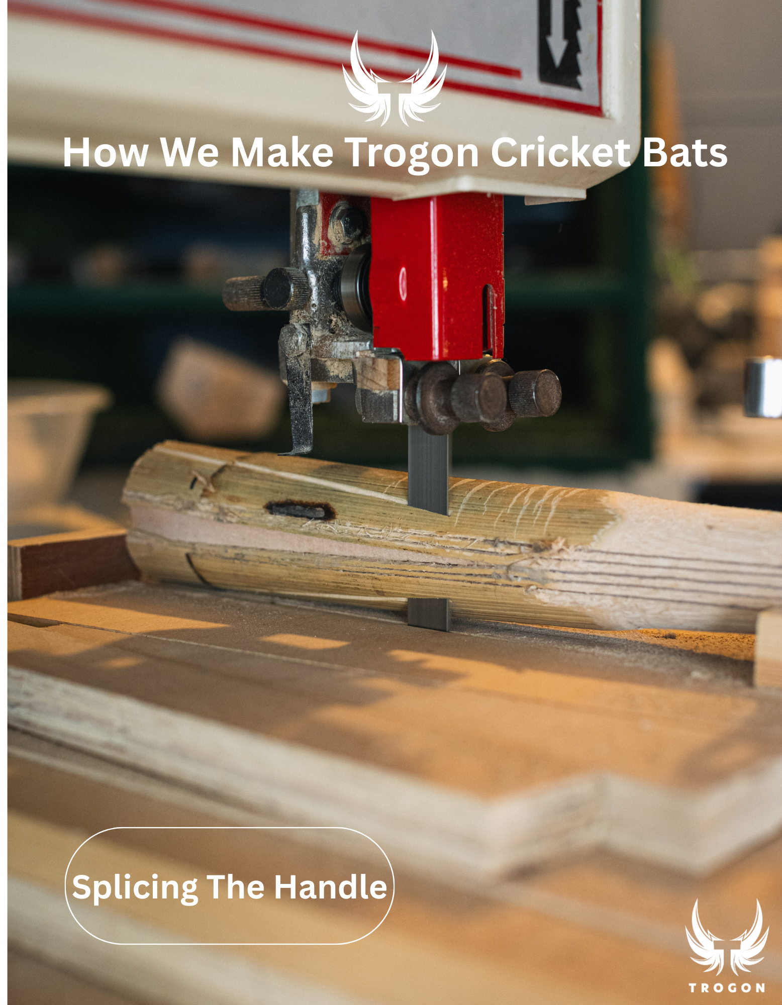 Wooden cricket bat being spliced with a machine, Trogon logo visible