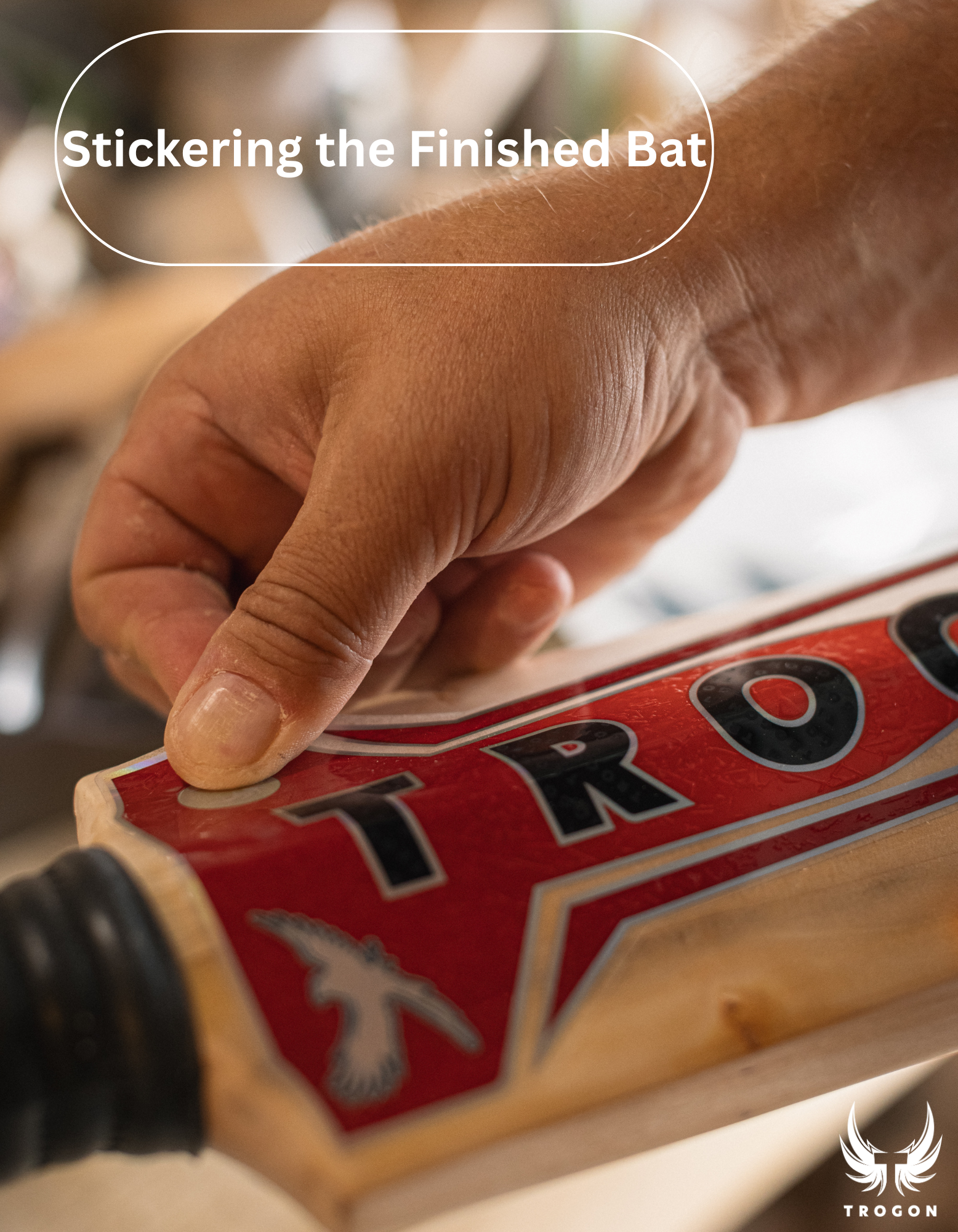 Hand applying a red and black 'TROGON' brand sticker to a wooden cricket bat.