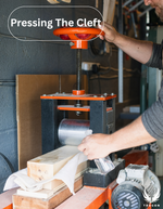 Person using a manual press tool with text 'Pressing The Cleft' in a workshop setting - Trogon Cricket