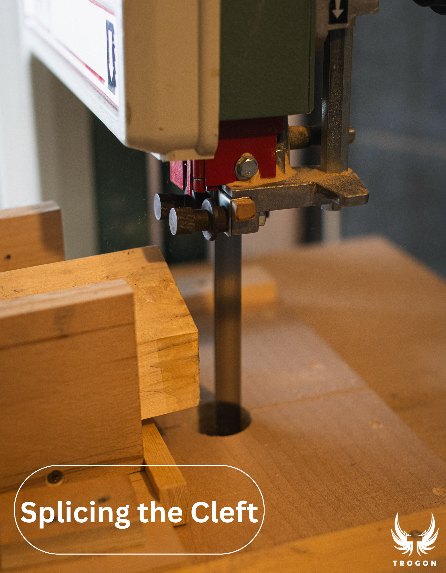 Woodworking machine cutting a piece of wood with 'Splicing the Cleft' text and TROGON logo.
