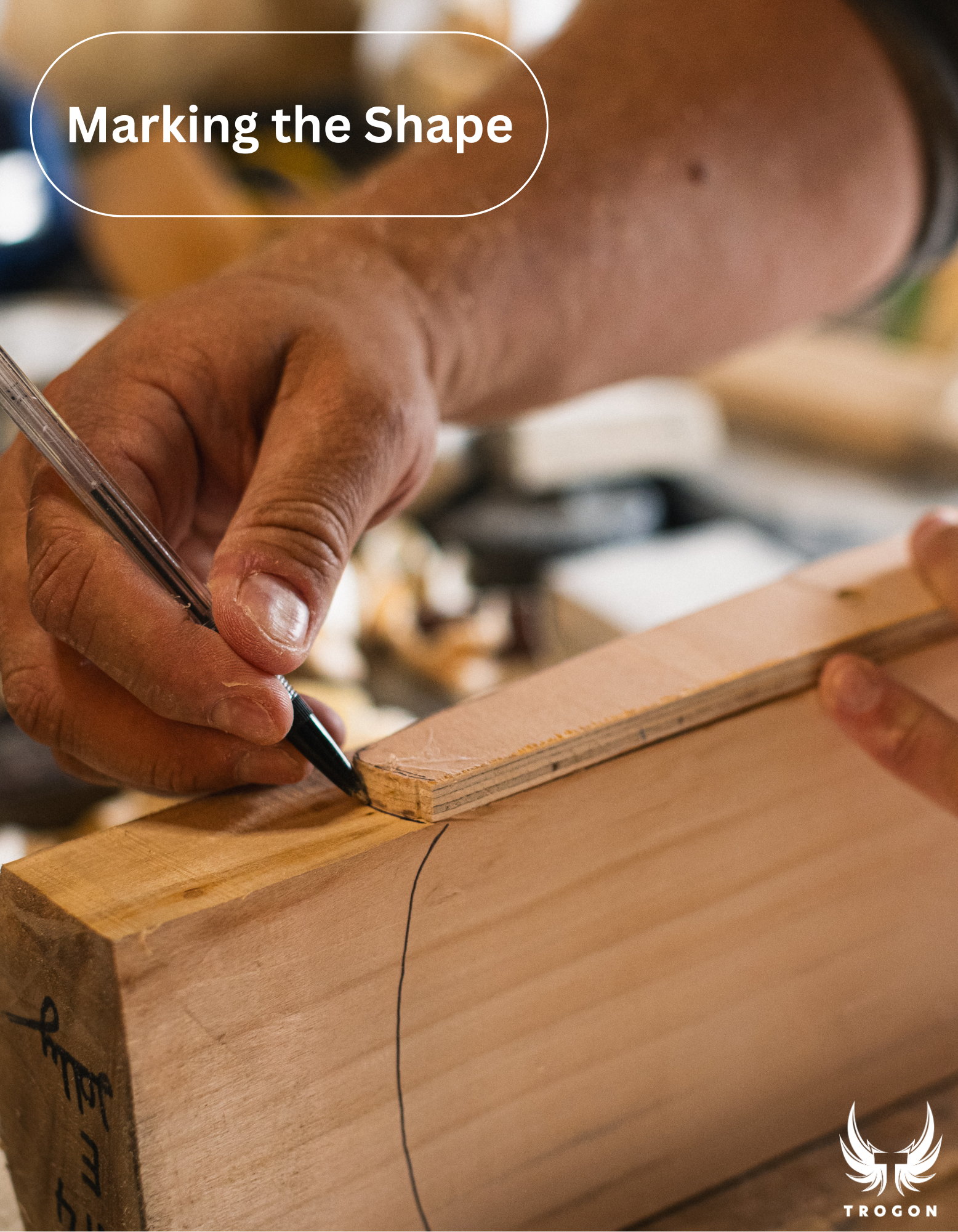 Person marking a wooden cleft with a pen, with 'Marking the Shape' text above - Trogon Cricket