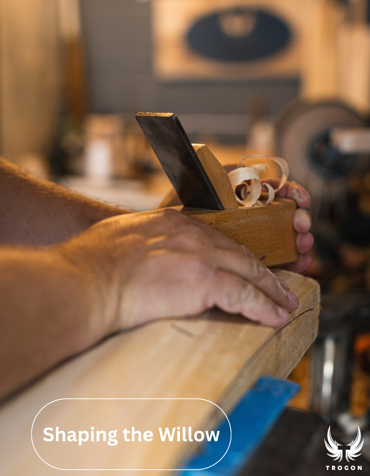 Person using a wooden plane on a piece of wood with 'Shaping the Willow' text and Trogon logo.