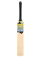Front view of Grade 1 English willow Trogon cricket bat with black grip and yellow and blue stickers.