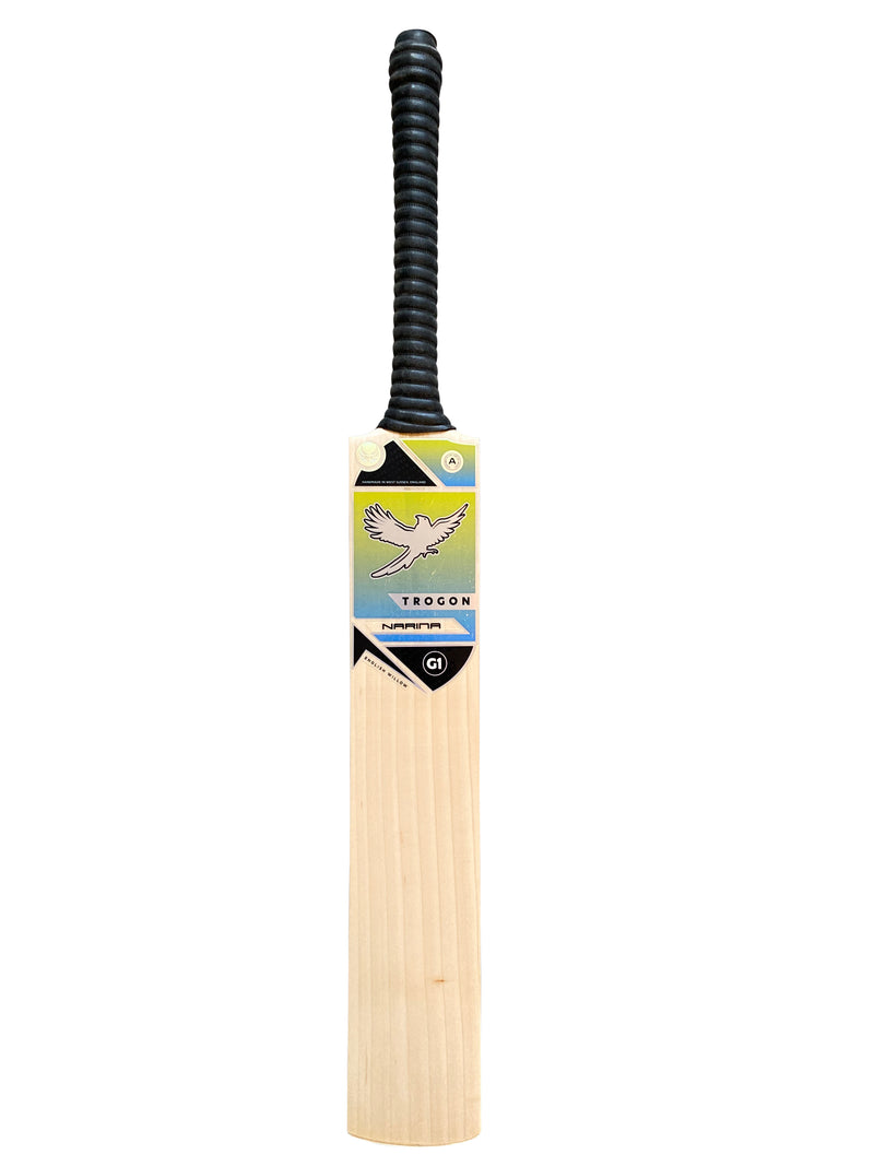 Front view of Grade 1 English willow Trogon cricket bat with black grip and yellow and blue stickers.