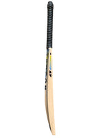Side view of Trogon cricket bat with black grip and yellow and blue stickers.