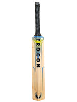 Back view of Trogon cricket bat with black grip and yellow and blue stickers.