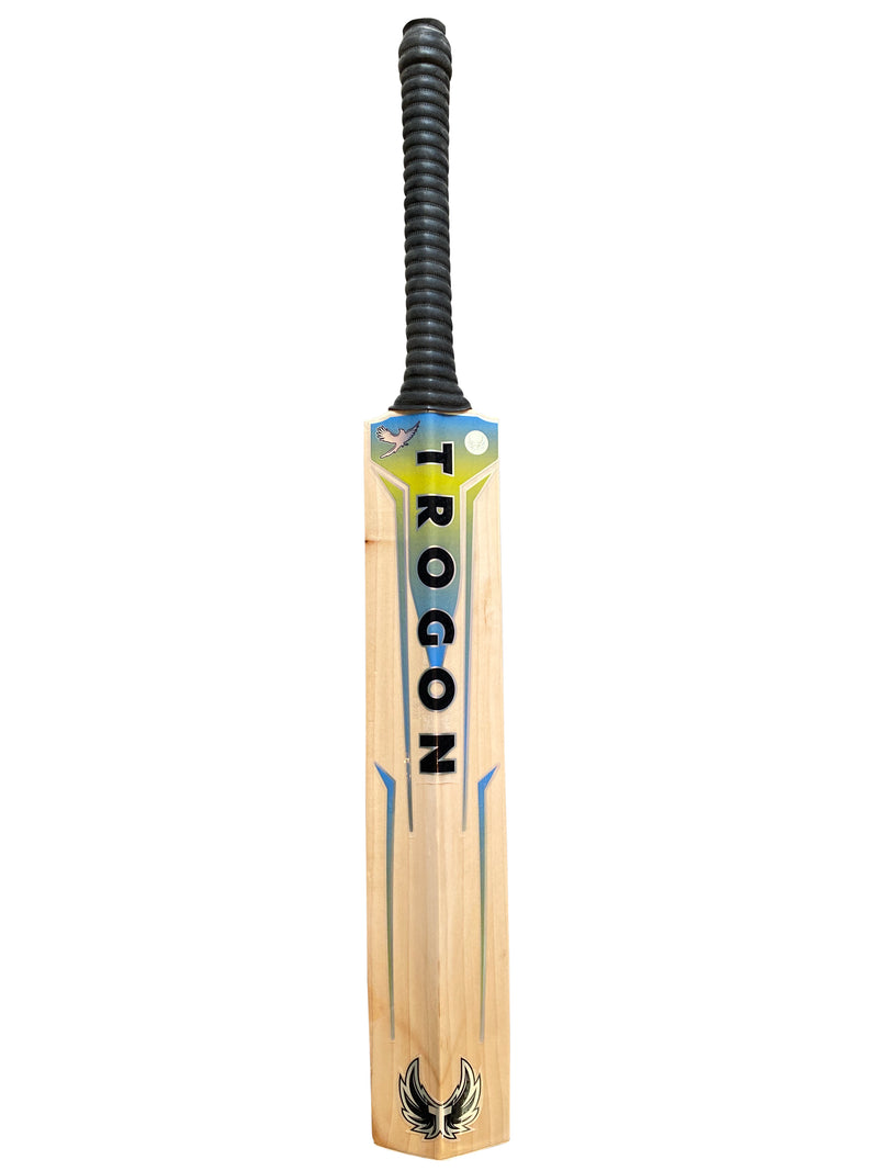 Back view of Trogon cricket bat with black grip and yellow and blue stickers.
