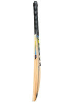 Side view of Trogon cricket bat with black grip and yellow and blue stickers.