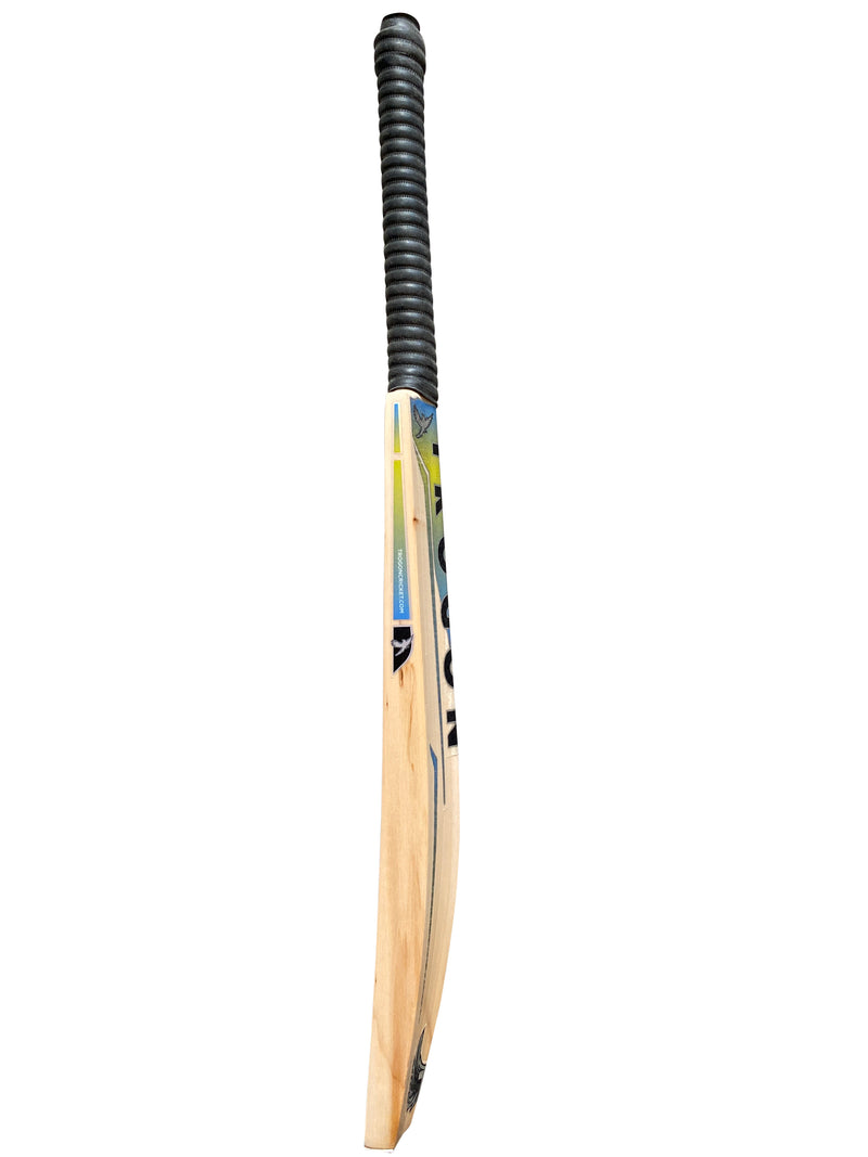 Side view of Trogon cricket bat with black grip and yellow and blue stickers.