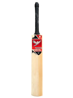 Front view of a Grade 1 English willow Side view of a Trogon Cricket bat with black grip and red and orange stickers.