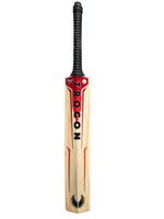Back view of a Trogon Cricket bat with black grip and red and orange stickers.