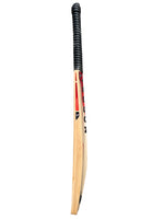 Side view of a Trogon Cricket bat with black grip and red and orange stickers.