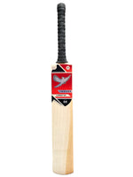Front view of a Grade 2 English willow Trogon Cricket bat with black grip and red and orange stickers