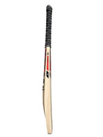 Side view of a Trogon Cricket bat with black grip and red and orange stickers