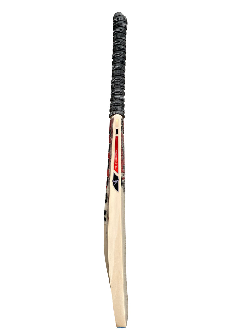 Side view of a Trogon Cricket bat with black grip and red and orange stickers