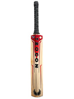 Back view of a Trogon Cricket bat with black grip and red and orange stickers