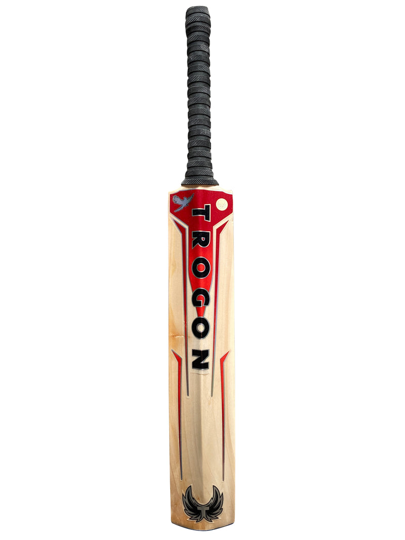 Back view of a Trogon Cricket bat with black grip and red and orange stickers