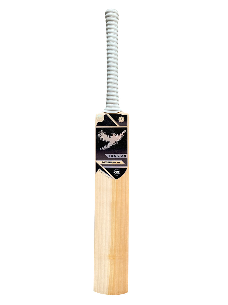 A front on view of a Grade 2 English willow Trogon Cricket bat finished with a white grip and black stickers