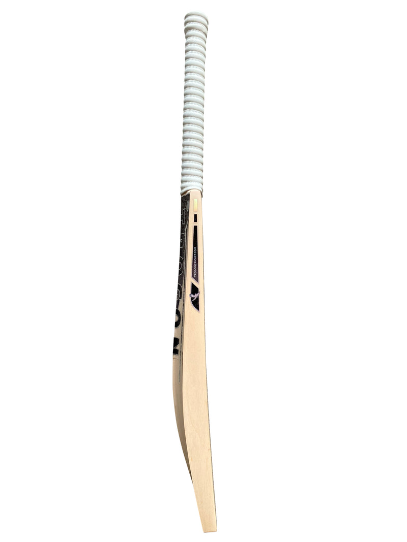 Side view of Trogon cricket bat with white grip and black stickers.