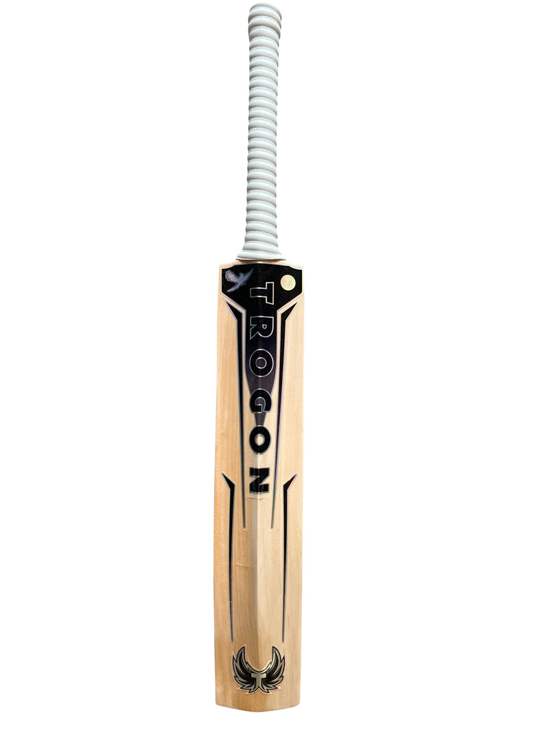 A back view of Trogon cricket bat with white grip and black stickers.