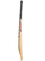 Side view of Trogon cricket bat with black grip and red and orange stickers.