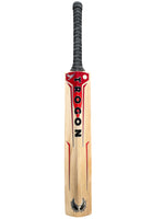 Back view of Trogon cricket bat with black grip and red and orange stickers.