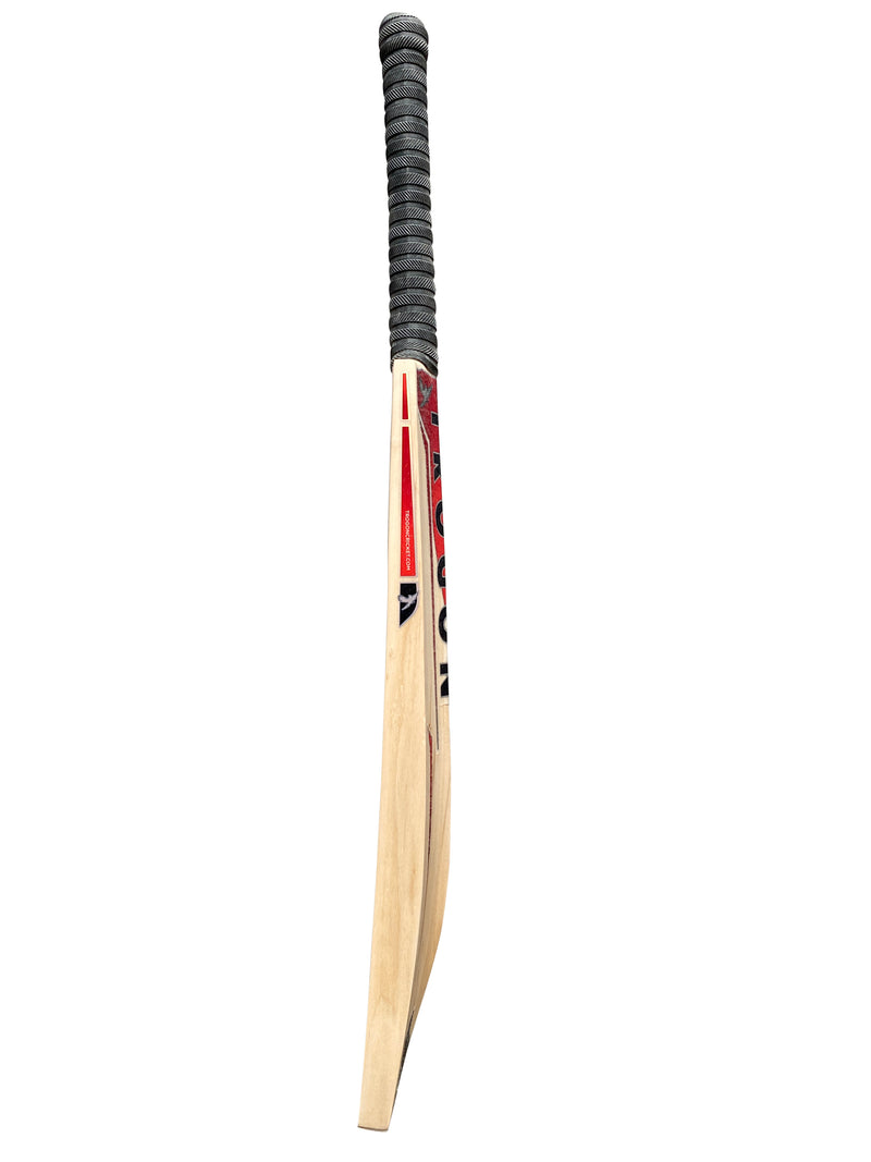 Side view of Trogon cricket bat with black grip and red and orange stickers.