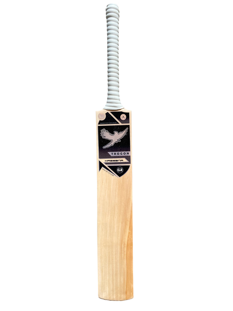 A front on view of a Grade 2 English willow Trogon Cricket bat finished with a white grip and black stickers
