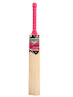 Front view of a Grade 2 English willow Side view of a Trogon cricket bat with pink grip and pink and blue sticker set.