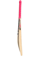 Side view of a Trogon cricket bat with pink grip and pink and blue sticker set.