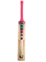 Back view of a Side view of a Trogon cricket bat with pink grip and pink and blue sticker set.