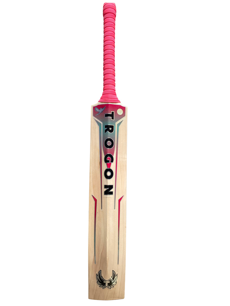 Back view of a Side view of a Trogon cricket bat with pink grip and pink and blue sticker set.