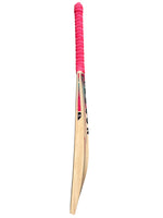 Side view of a Trogon cricket bat with pink grip and pink and blue sticker set.