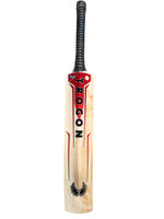 Back view of a Grade 2 English willow Trogon Cricket bat with black grip and red and orange stickers