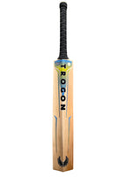 Back view of a Grade 2 English willow Trogon Cricket bat with black grip and yellow and blue stickers