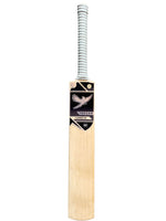 Front view of a Grade 1 English willow Trogon Cricket bat with white grip and black stickers