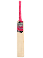 Front view of a Grade 2 English willow Trogon Cricket bat with pink grip and pink and blue stickers