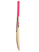 Side view of a Grade 2 English willow Trogon Cricket bat with pink grip and pink and blue stickers