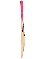 Side view of a Grade 2 English willow Trogon Cricket bat with pink grip and pink and blue stickers