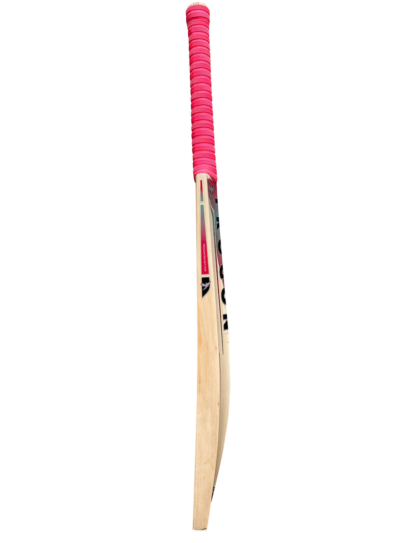 Side view of a Grade 2 English willow Trogon Cricket bat with pink grip and pink and blue stickers