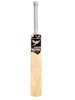 Front view of Grade 1 English willow Trogon Cricket bat with white grip and black stickers