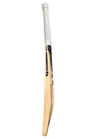 Side view of a Grade 1 English willow Trogon Cricket bat with white grip and black stickers