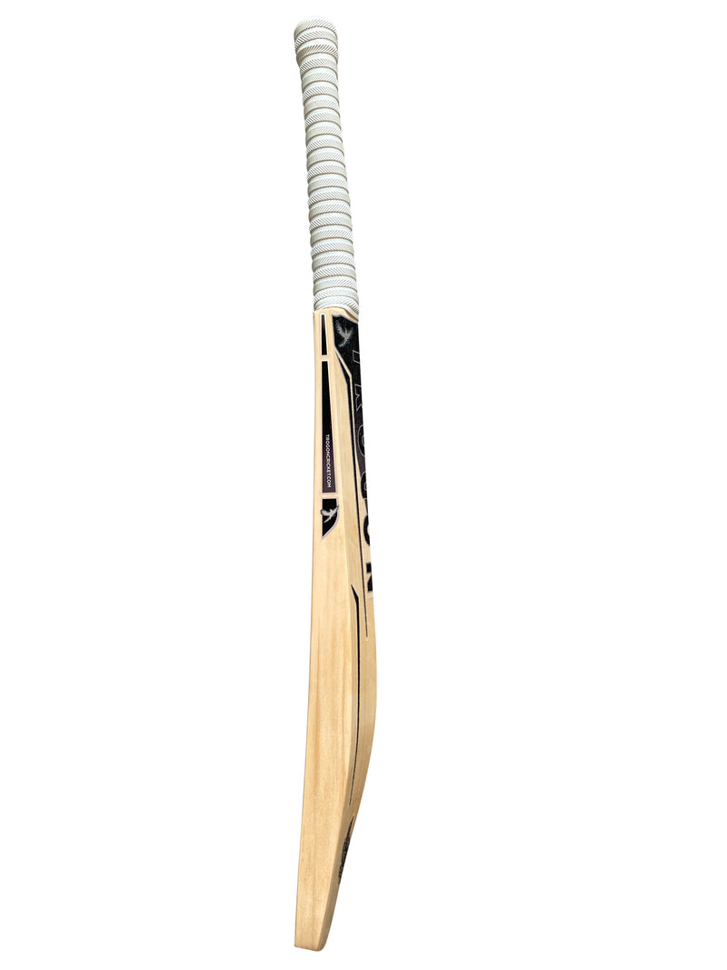Side view of a Grade 1 English willow Trogon Cricket bat with white grip and black stickers