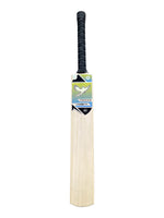 Front view of a Grade 1 English willow cricket bat with straight grains, a black grip and blue and yellow sticker set.