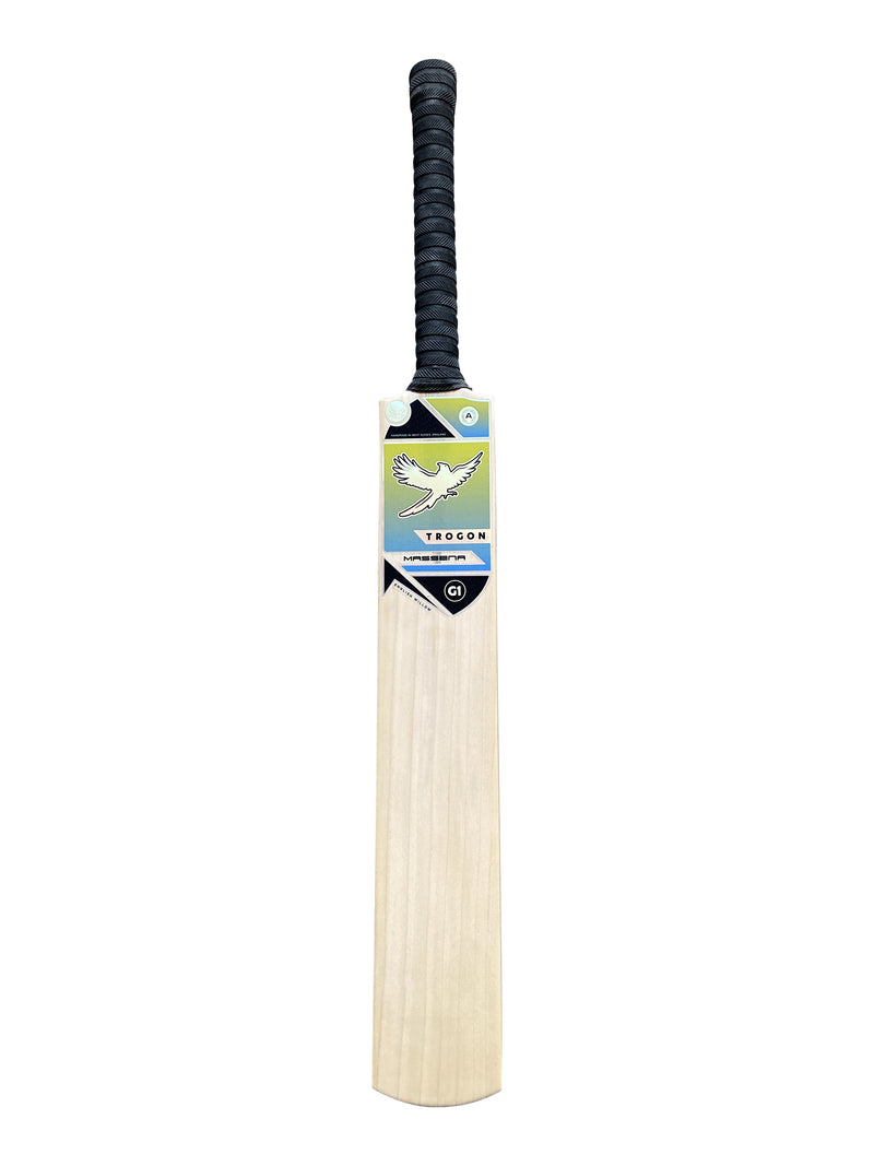 Front view of a Grade 1 English willow cricket bat with straight grains, a black grip and blue and yellow sticker set.