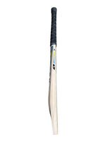 Side view of a Trogon Cricket bat finished with black grip and blue and yellow sticker set
