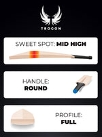 Showcasing a Trogon Cricket bat with a high middle, round handle and full profile
