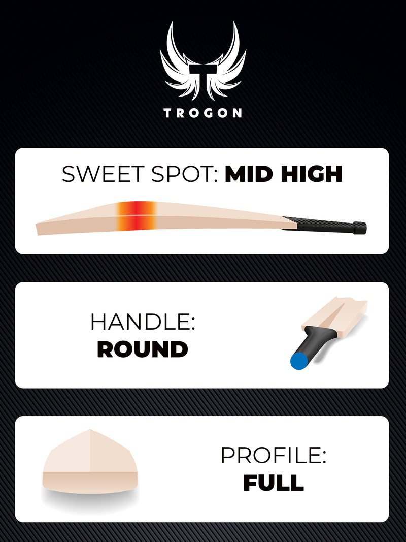 Showcasing a Trogon Cricket bat with a high middle, round handle and full profile
